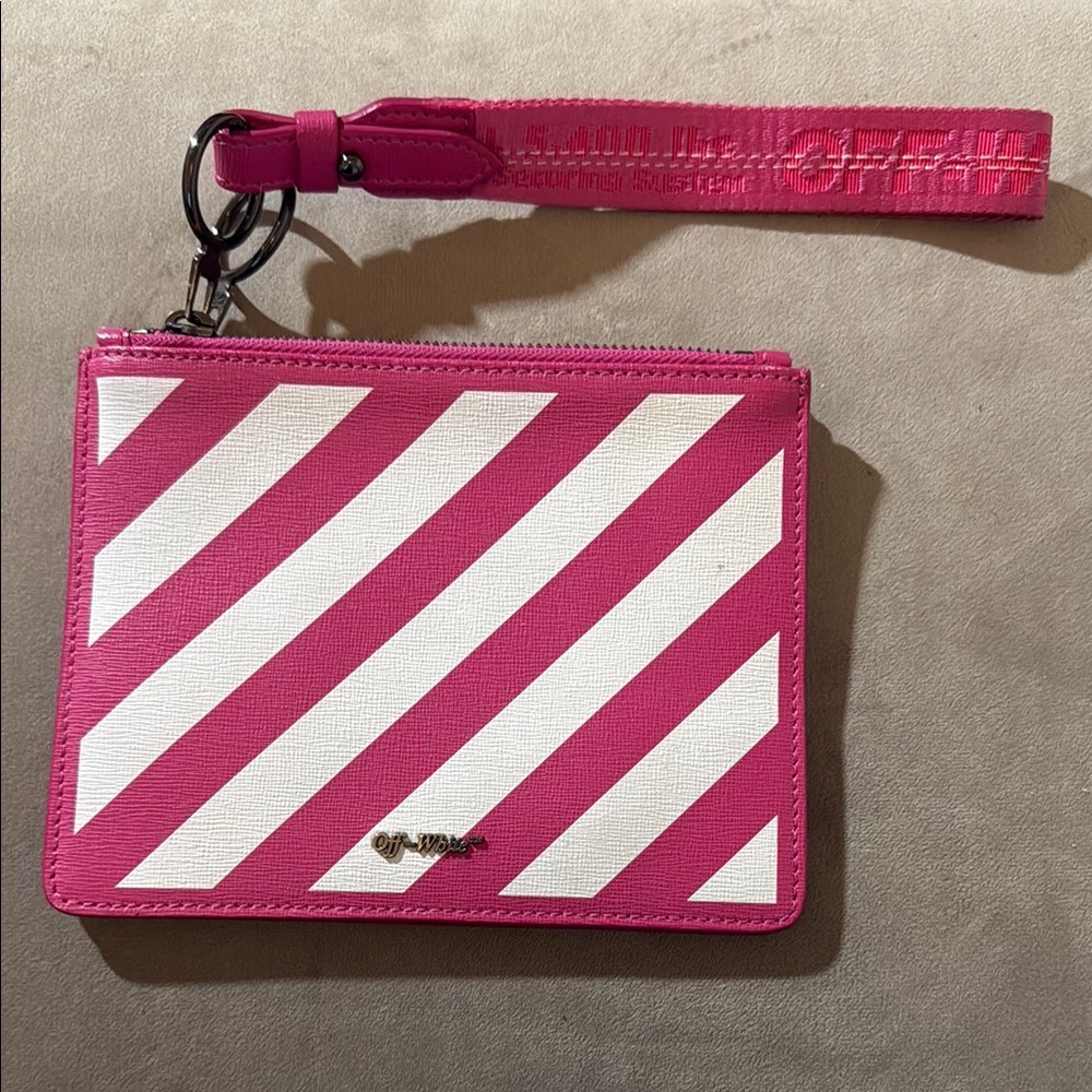 Off-White Diagonal Striped Pink Wristlet Pouch